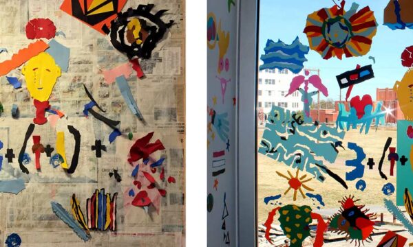 two side-by-side images of torn construction paper art, left image is on a newsprint background and right is installed on a window