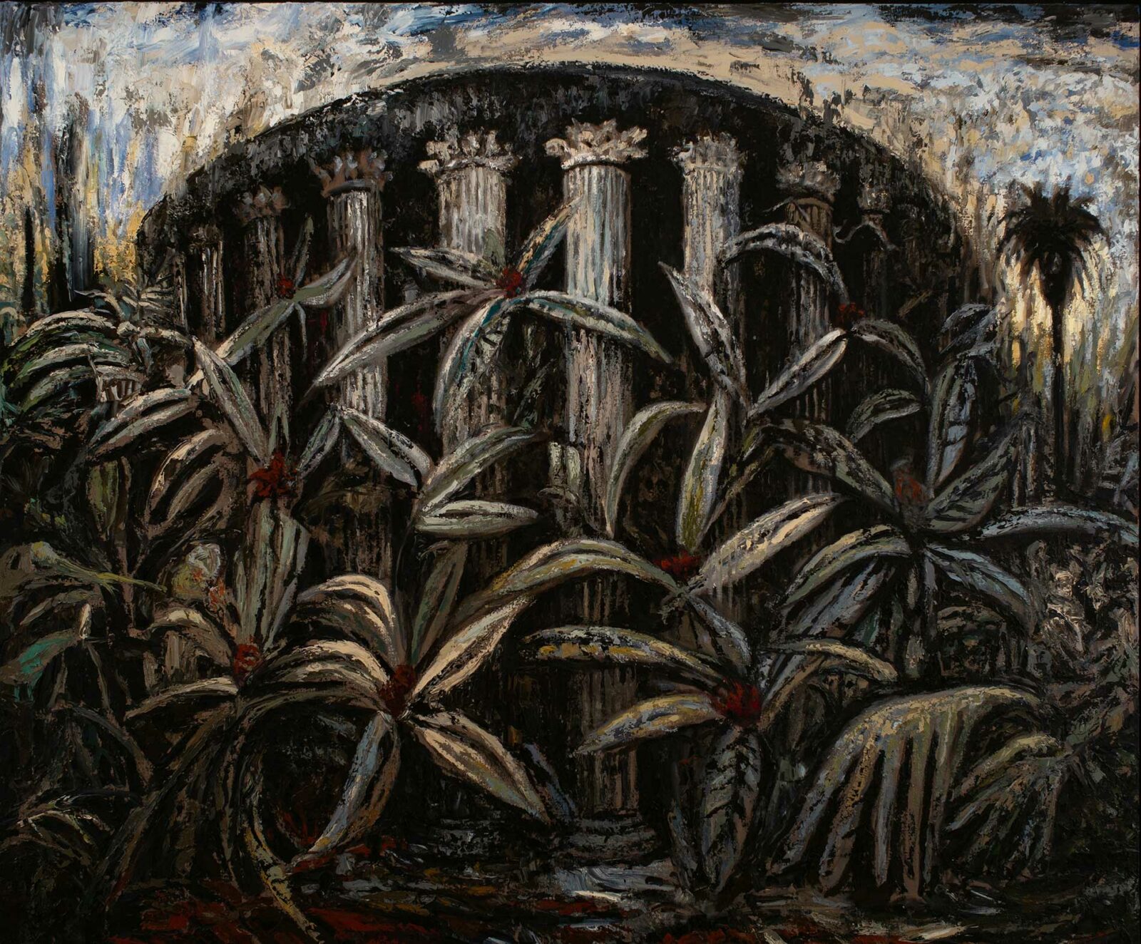 painting of a columns surrounded by foliage
