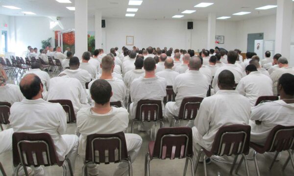 men in white jumpsuits sit in rows facing away from camera