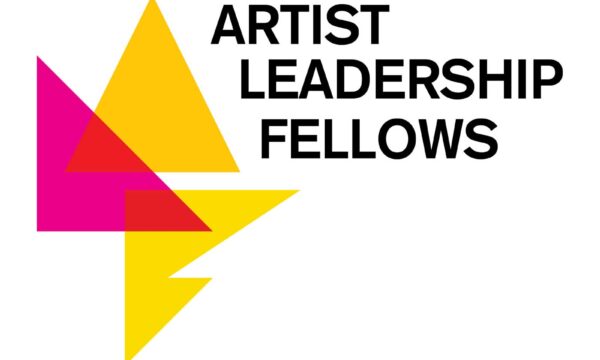 The words Artist Leadership Fellows runs to the right of two yellow triangles and one pink one