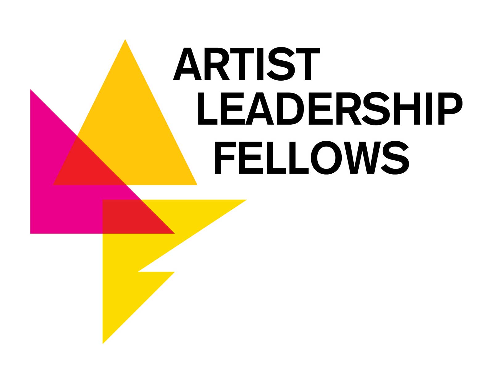 The words Artist Leadership Fellows runs to the right of two yellow triangles and one pink one