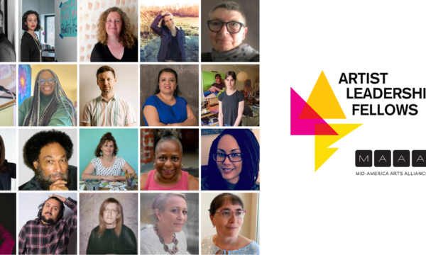 Headshot collage with artists and an abstract logo with pink and yellow shapes resembling A-L-F for Artist Leadership Fellows with a black Mid-America Arts Alliance logo.