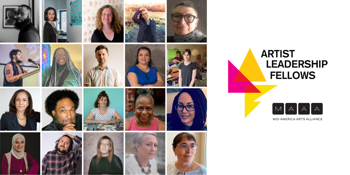 Headshot collage with artists and an abstract logo with pink and yellow shapes resembling A-L-F for Artist Leadership Fellows with a black Mid-America Arts Alliance logo.