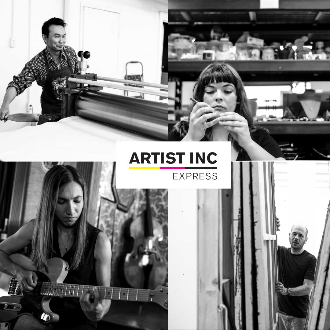 A grid of four artists, including a printmaker, jewelry maker, guitarist and painter, working on their art.