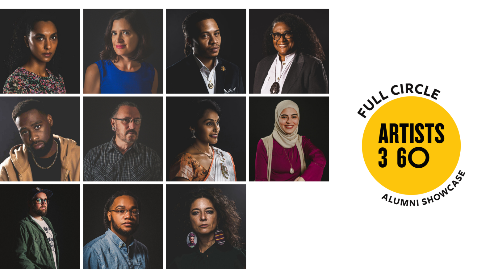 A grid of headshot images featuring the presenting artists for the Full Circle Showcase, yellow circle logo depicted on the right.
