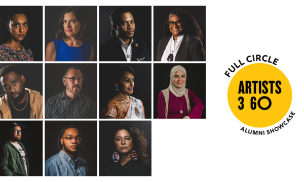 A grid of headshot images featuring the presenting artists for the Full Circle Showcase, yellow circle logo depicted on the right.