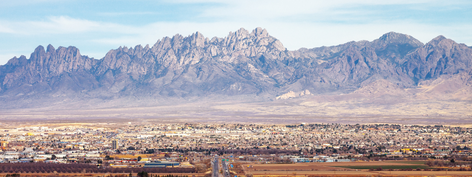 New Mexico landscape with city and mountains in background
