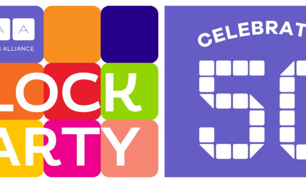 Colorful blocks with the text that spells Block Party is shown on the left with a logo that says Celebrating 50 Years on the right with a light purple background.