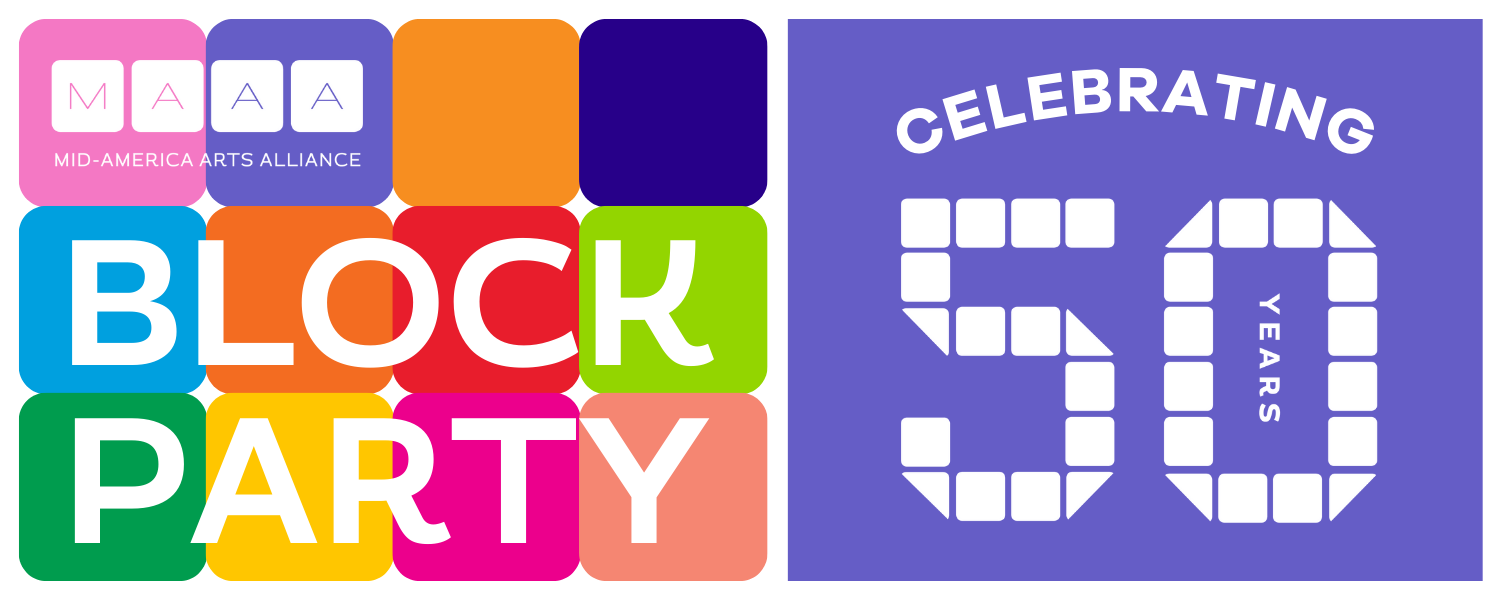 Colorful blocks with the text that spells Block Party is shown on the left with a logo that says Celebrating 50 Years on the right with a light purple background.