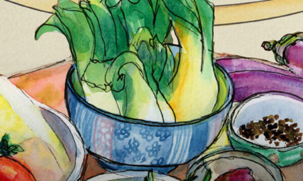 Hand illustration of blue bowls with patterns holding bok choy with bowls of vegetables including spices, carrots and tomatoes on the left and purple eggplant on the right.