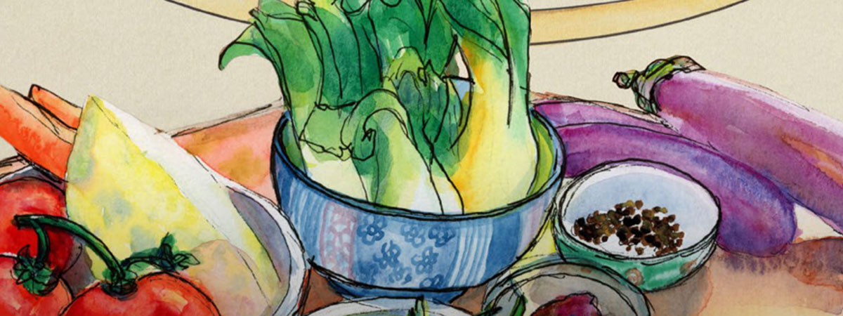 Hand illustration of blue bowls with patterns holding bok choy with bowls of vegetables including spices, carrots and tomatoes on the left and purple eggplant on the right.