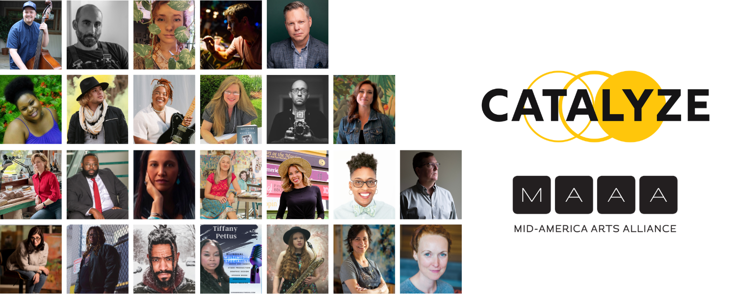 Grant recipients headshots of the first awards of the Catalyze program. The Catalyze logo with yellow circles and the M-AAA logo in black is on the right.
