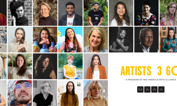 Artists 360 cohort six grantee headshots and Artists 360 logo with Mid-America Arts Alliance logo.