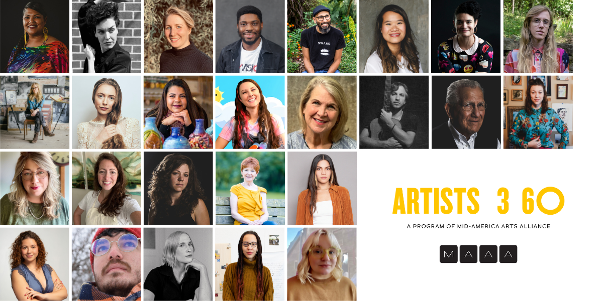 Artists 360 cohort six grantee headshots and Artists 360 logo with Mid-America Arts Alliance logo.