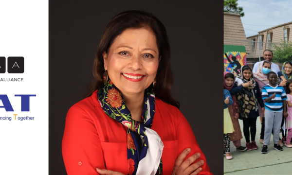 CHAT announcement with headshot of Dr. Aisha Siddiqui, CHAT’s founder and executive director in red and a photo of children and administrators at an after-school arts program.