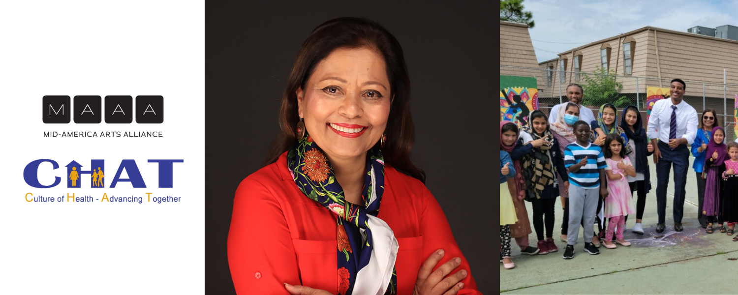CHAT announcement with headshot of Dr. Aisha Siddiqui, CHAT’s founder and executive director in red and a photo of children and administrators at an after-school arts program.