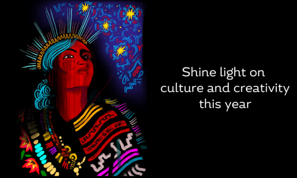 Gestural digital artwork with bright colors or reds, yellows, pinks, and blues of woman looking up into the star-filled sky. She wears decorative colorful clothing.
