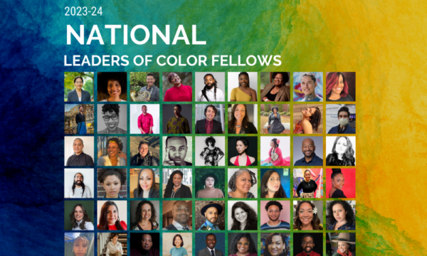 Leaders of Color Fellowship image with headshots of the fellows on a navy blue and yellow painterly background