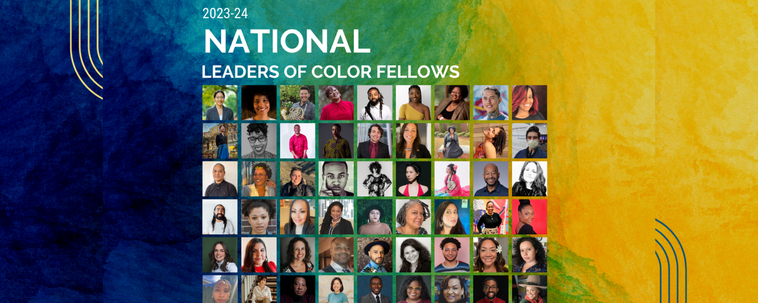 Leaders of Color Fellowship image with headshots of the fellows on a navy blue and yellow painterly background