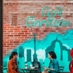 Two people sitting outside a coffee shop with a brick wall and mural that says Cafe Corazon.