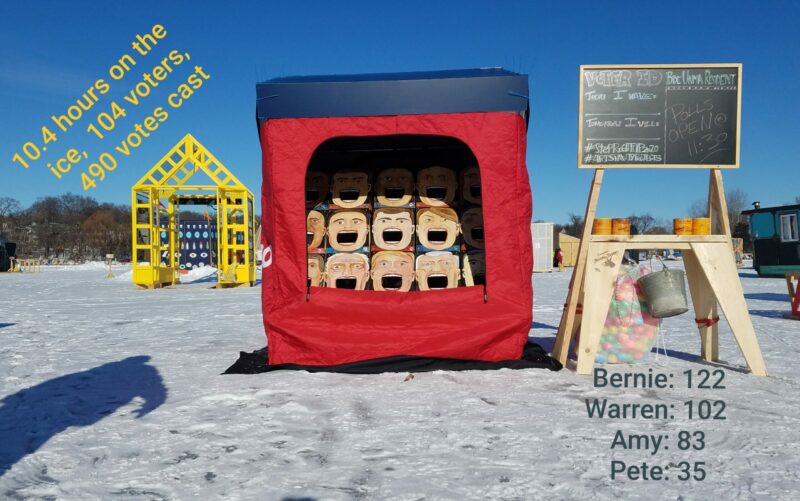 A large red booth sits in an outdoor landscape with other carnival like structures. It has sculptures of people with open mouths as if you should throw a ball into their mouths like a carnival game. There is blue sky and snow on the ground. 