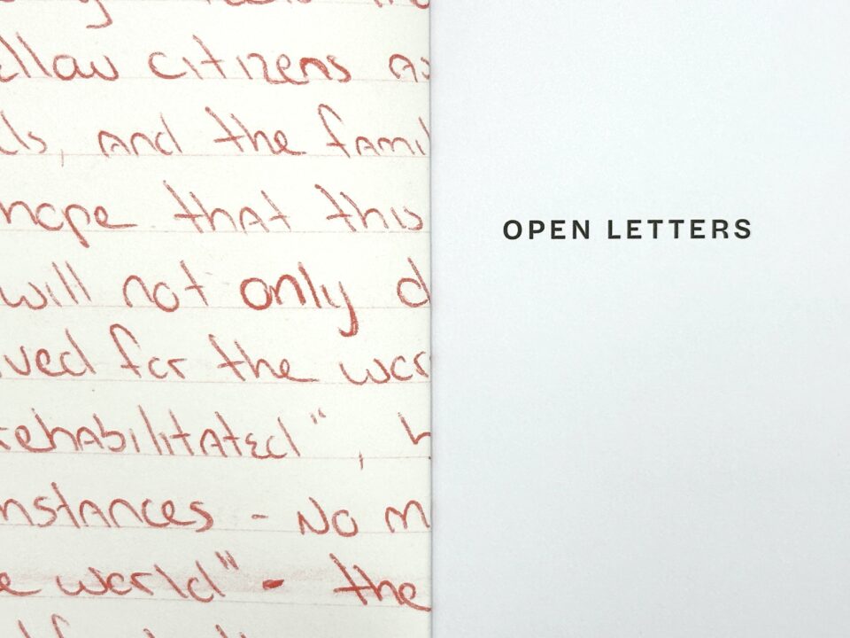 Red handwritten letters and title cover that says Open Letters