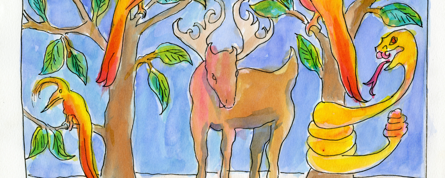 A deer buck with large antlers stands in between two trees. A snake, three birds and a butterfly rest in the tree branches. The artwork has vibrant blues, oranges, and greens.